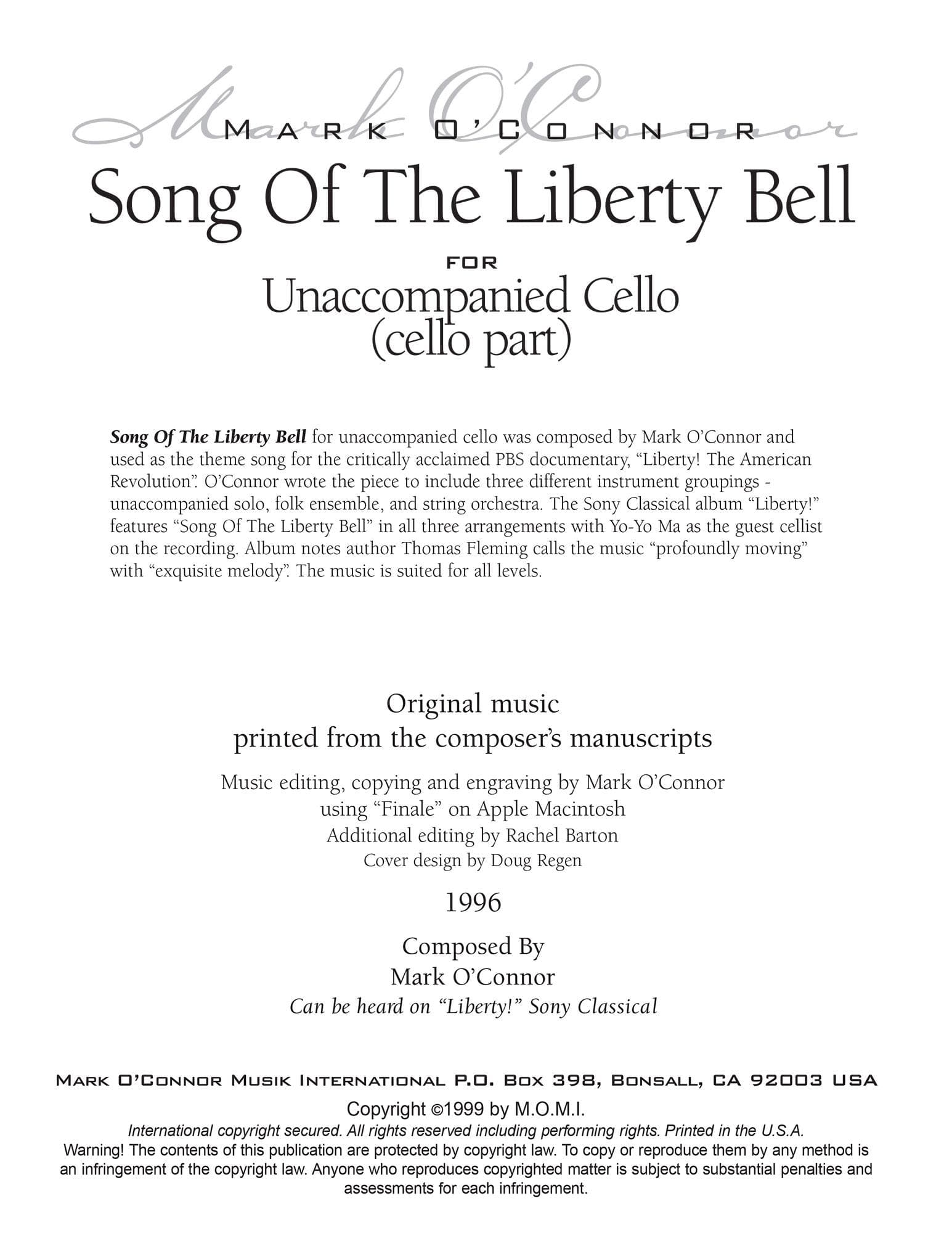 O'Connor, Mark - Song Of The Liberty Bell for Cello - Cello - Digital Download