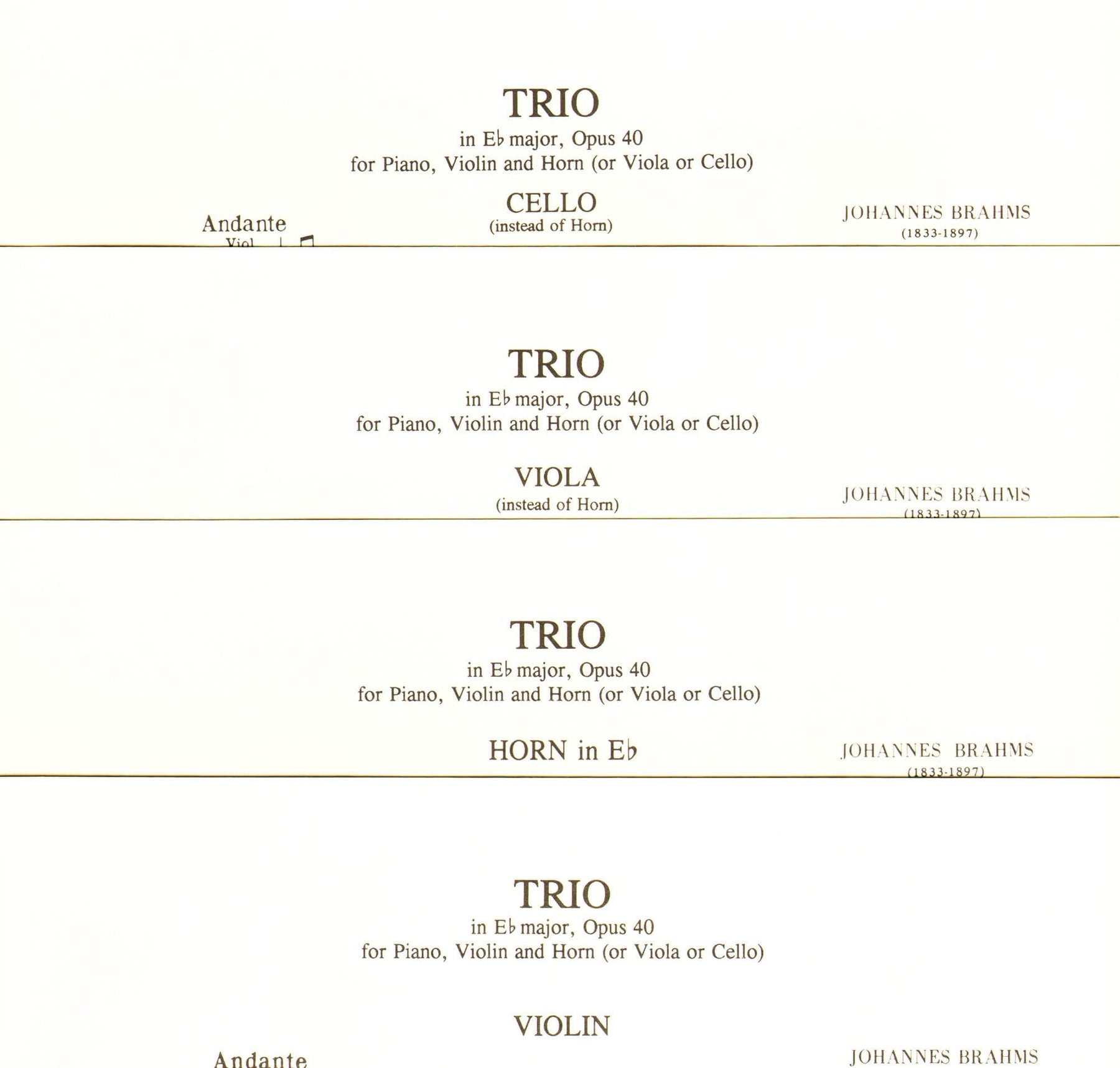 Brahms, Johannes - Trio in E-flat Major Op 40 for Violin, Viola/Cello and Piano - International Edition