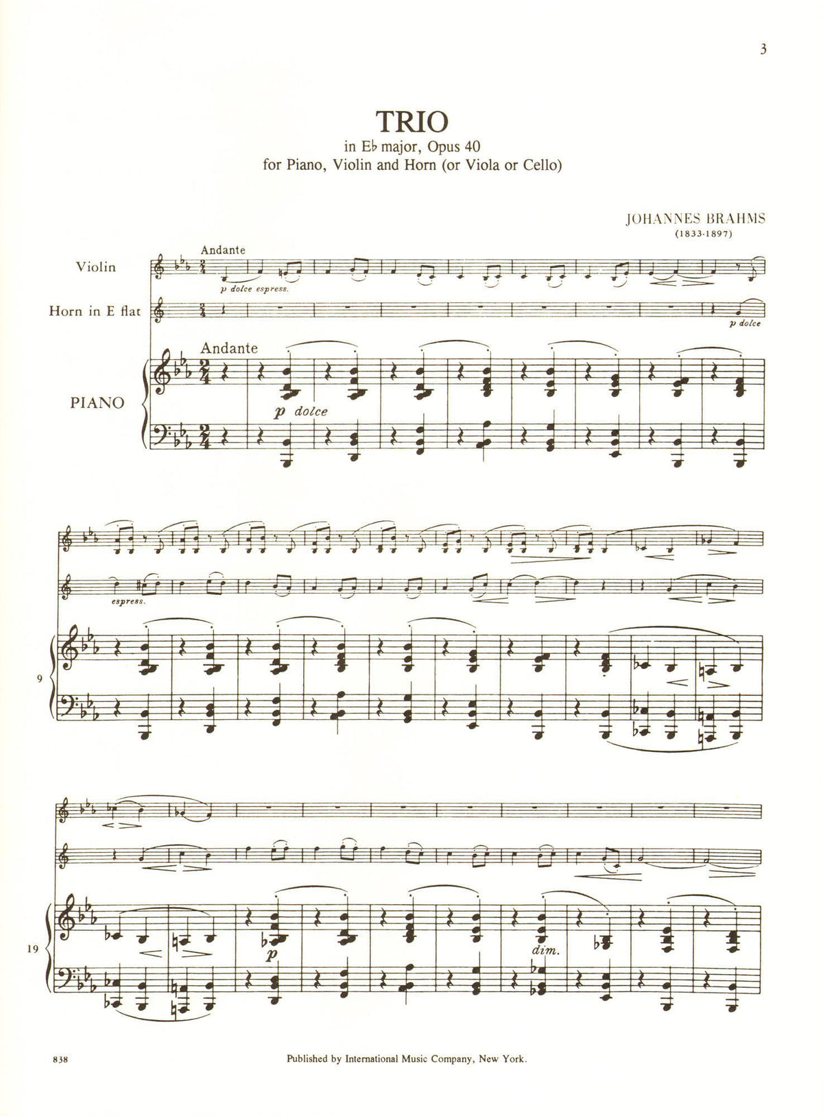 Brahms, Johannes - Trio in E-flat Major Op 40 for Violin, Viola/Cello and Piano - International Edition