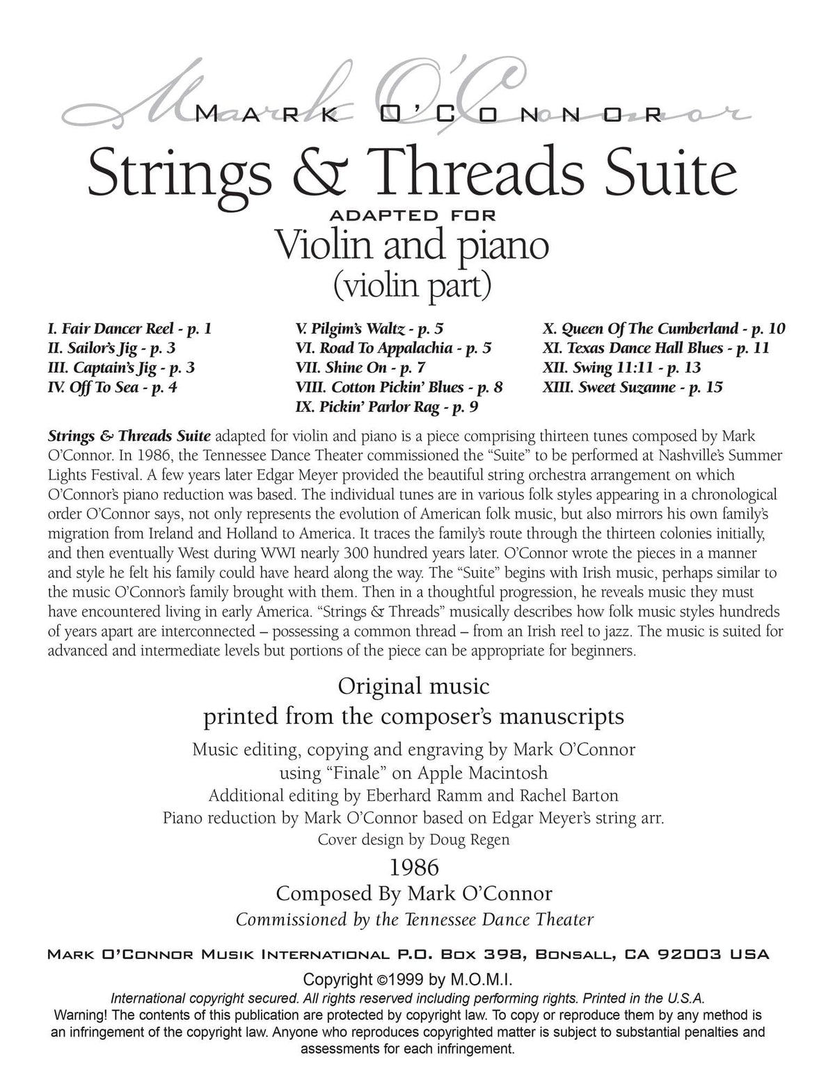 O'Connor, Mark - Strings & Threads Suite for Violin and Piano - Violin - Digital Download