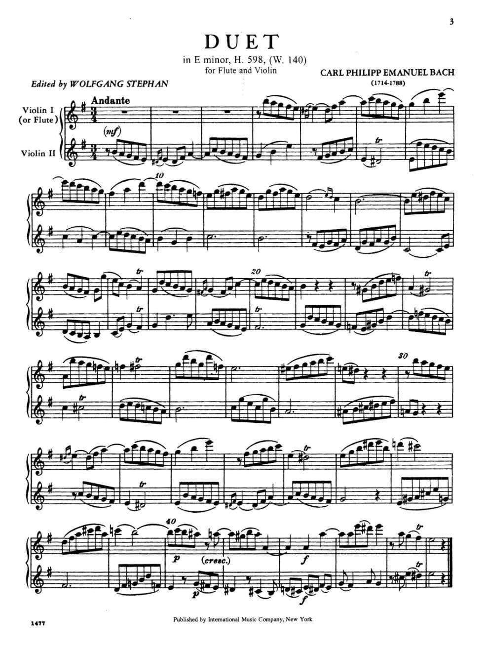 Bach, CPE - Duet in e minor/G Major, H 598, Wq 140 for Flute and Violin (or Two Violins) - International Edition