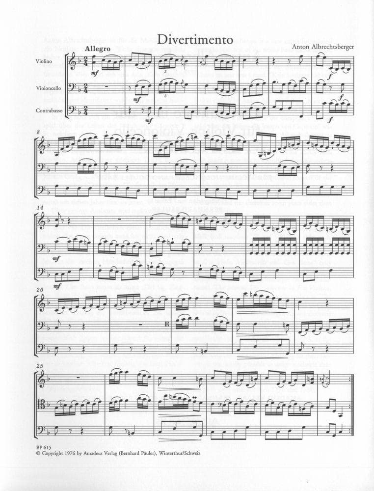 Albrechtsberger, J - Divertimento in F Major for Violin Cello and Double Bass - Amadeus Verlag Edition