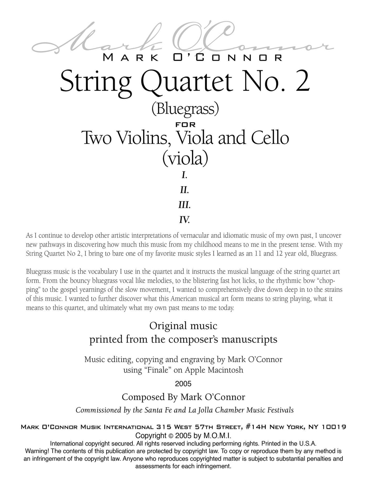 O'Connor, Mark - String Quartet No. 2 (Bluegrass) for 2 Violins, Viola, and Cello - Viola - Digital Download