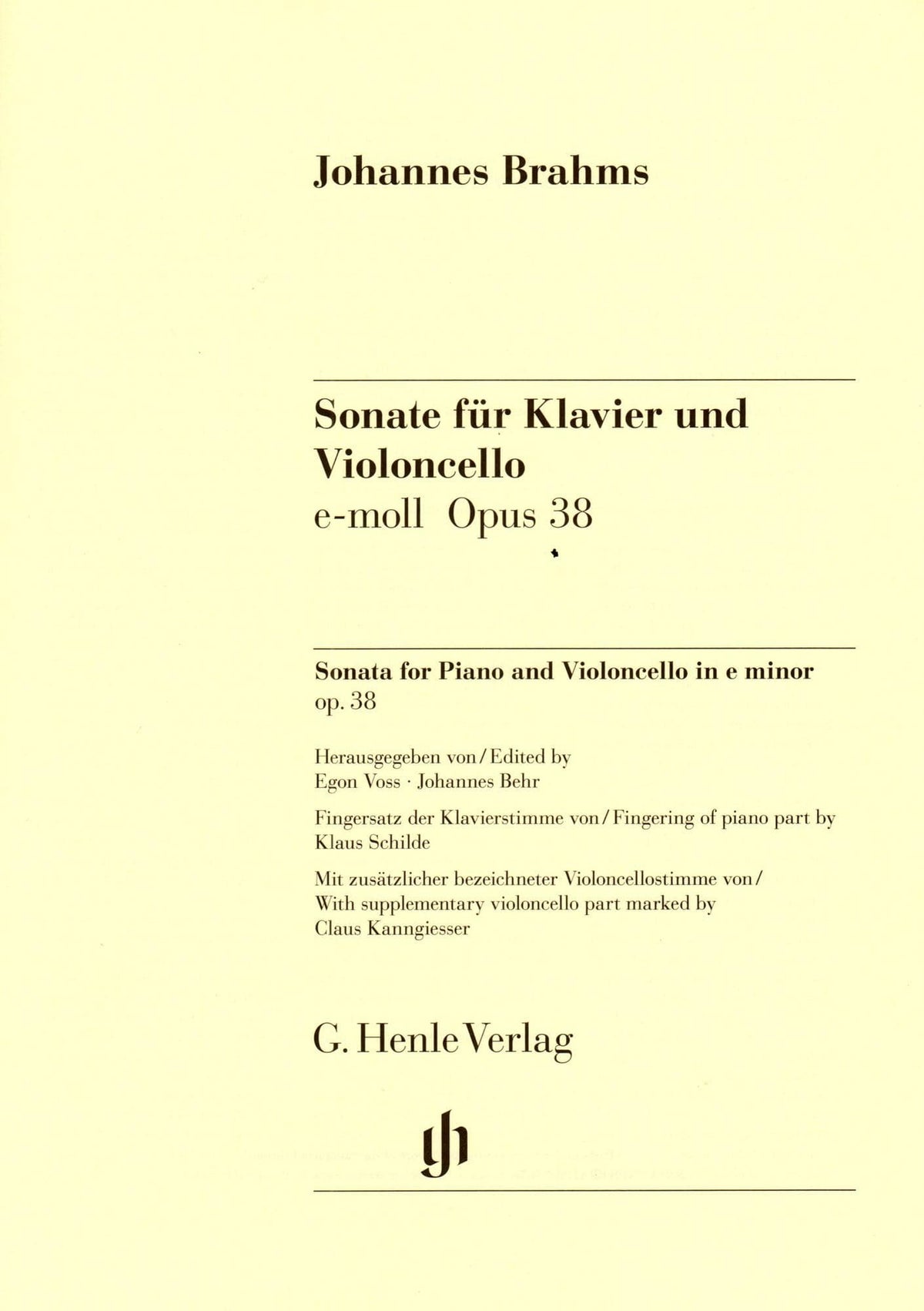 Brahms, Johannes - Sonata No 1 in e minor Op 38 for Cello and Piano - Henle Verlag URTEXT Edition