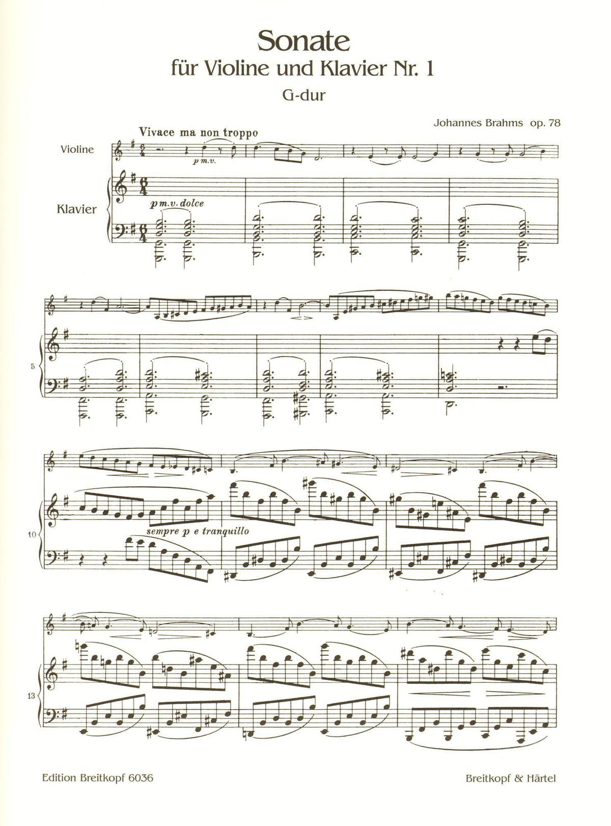 Brahms, Johannes - Sonata No 1 in G Major Op 78 for Violin and Piano - Breitkopf and Haertel Edition