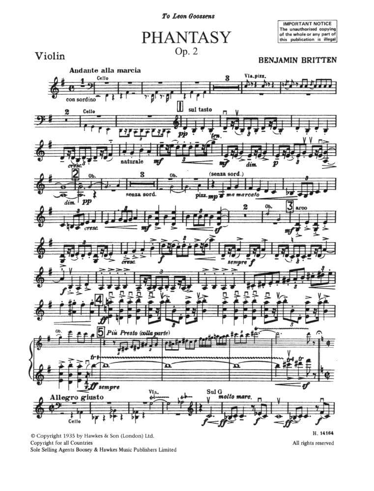 Britten, Benjamin - Phantasy Quartet Op 2 for Violin, Viola and Cello - Boosey & Hawkes Publication