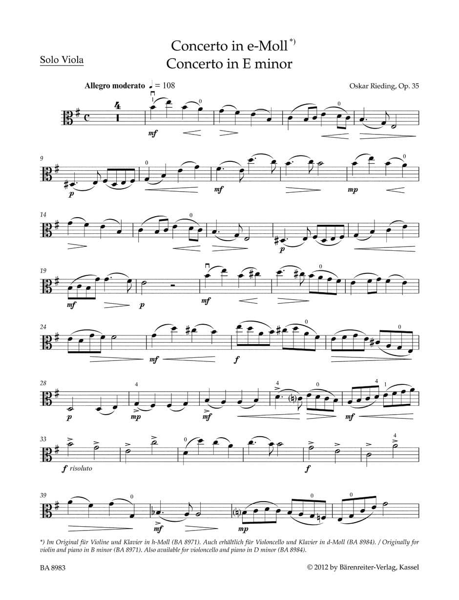 Rieding, Oskar - Concerto in B Minor, Op 35 - for Viola and Piano - edited by Kurt Sassmannshaus - Bärenreiter