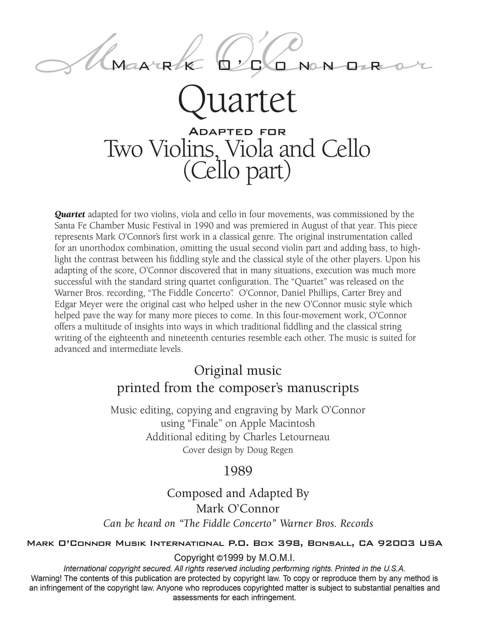 O'Connor, Mark - Quartet for 2 Violins, Viola, and Cello - Cello - Digital Download