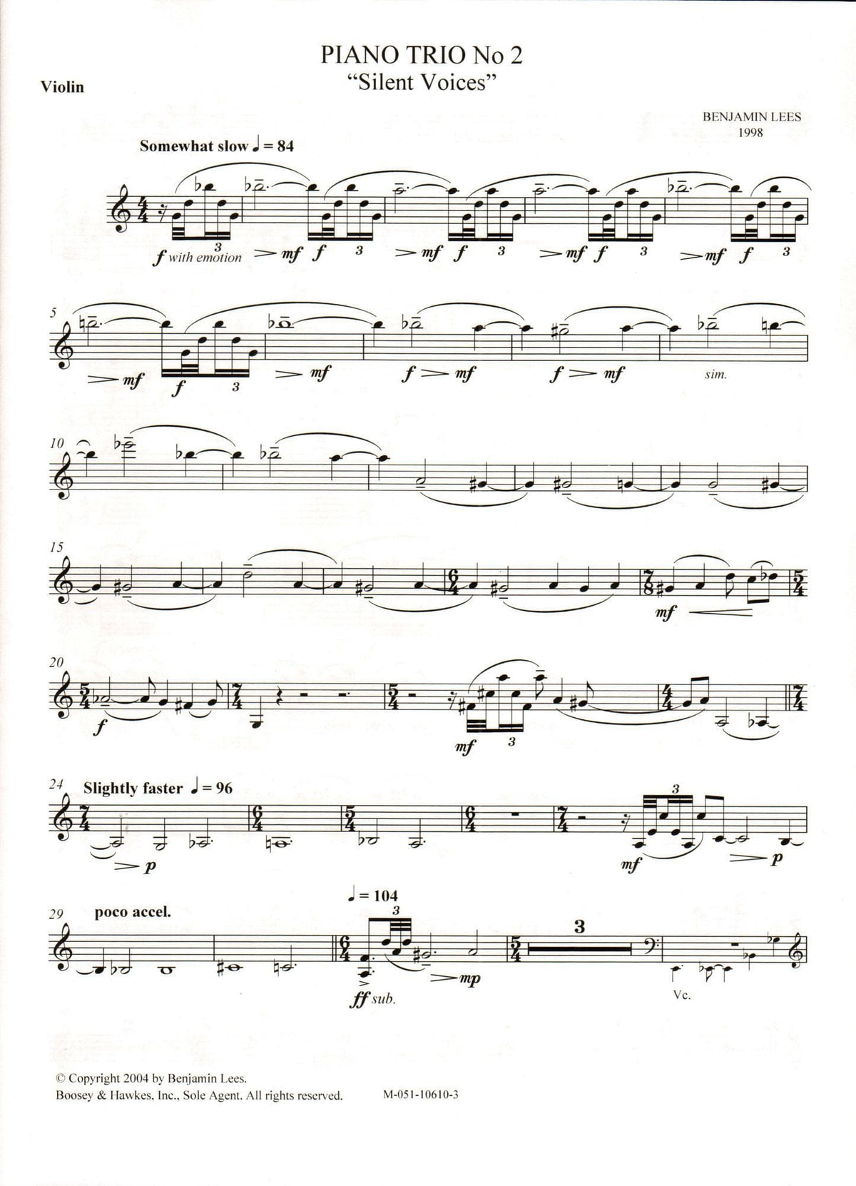 Lees, Benjamin - Piano Trio No. 2: "Silent Voices" - Violin, Cello, and Piano - Boosey & Hawkes Edition