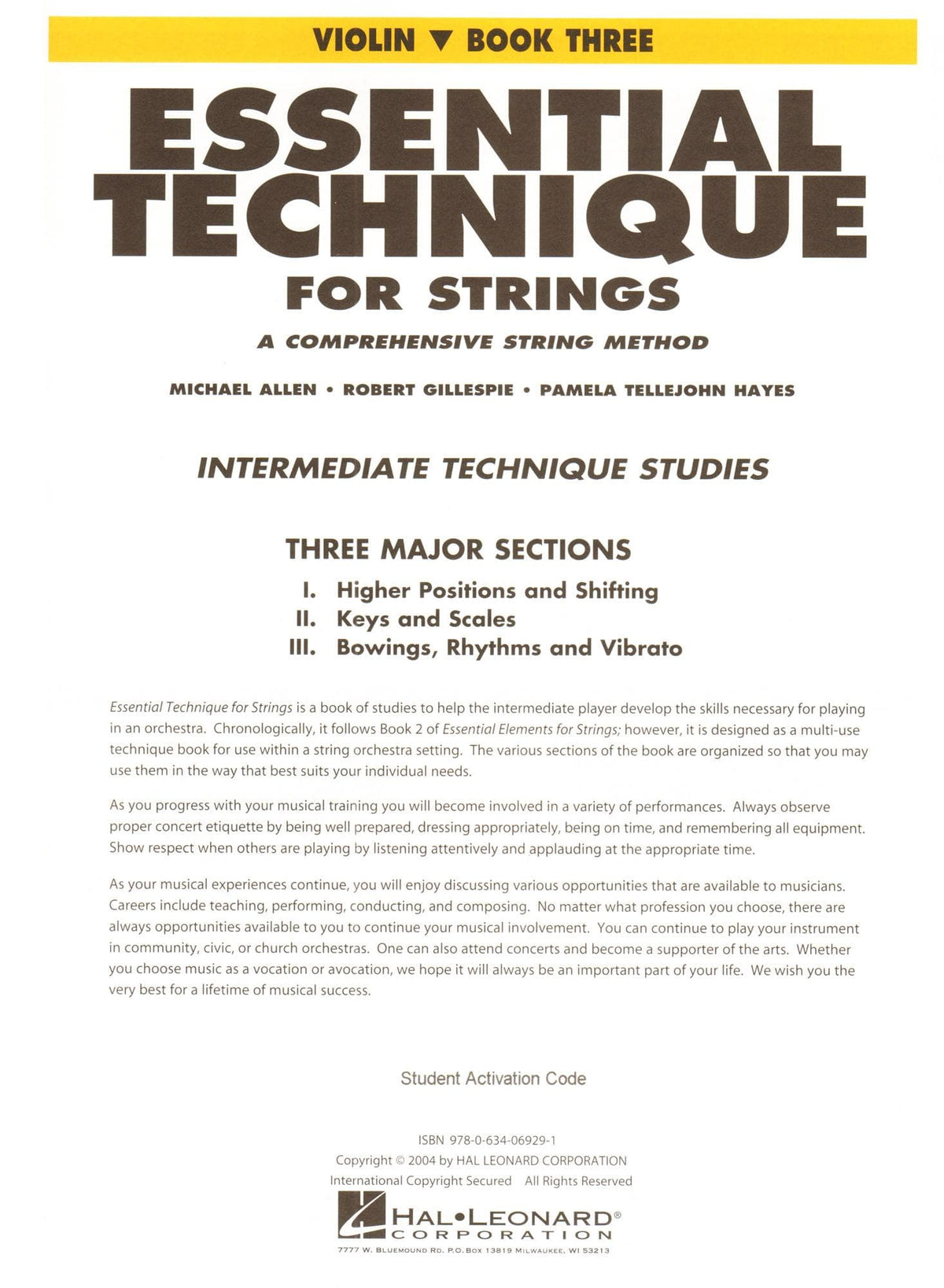 Essential Technique Interactive (formerly 2000) for Strings - Violin Book 3 - by Allen/Gillespie/Hayes - Hal Leonard Publication
