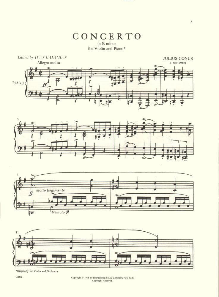 Conus, Julius - Concerto in E Minor for Violin and Piano - edited by Ivan Galamian - International Edition