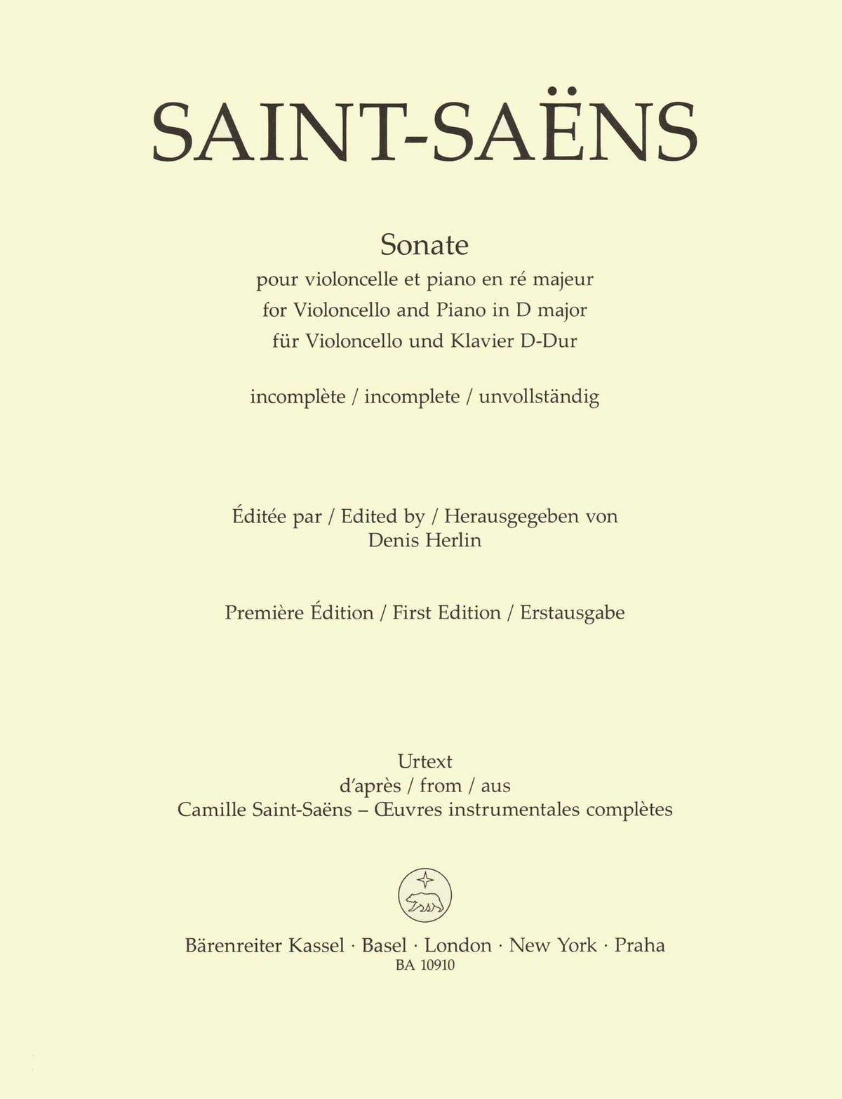 Saint-Saens, Camille - Sonata in D major - for Cello and Piano - edited by Denis Hurlin - Barenreiter URTEXT