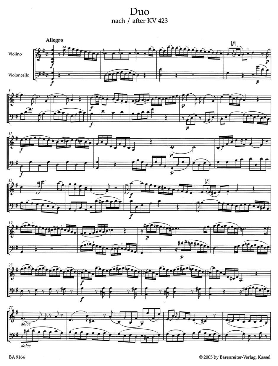 Mozart, WA - Two Duos, after K 423 and 424 - Violin and Cello - edited by Dietrich Berke - Bärenreiter Verlag URTEXT
