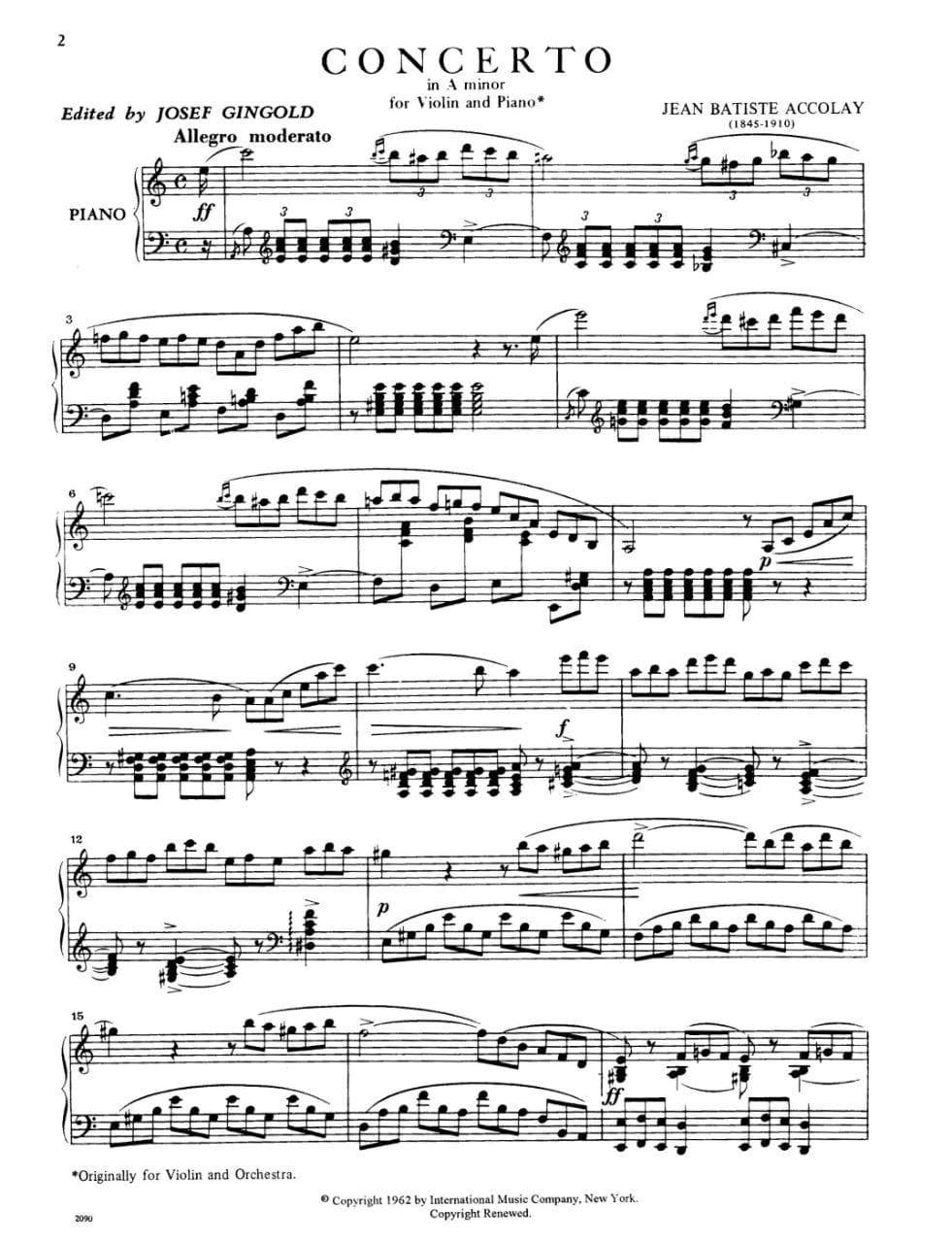 Accolay, JB - Concerto No 1 in a minor for Violin - Arranged by Josef Gingold - International Edition