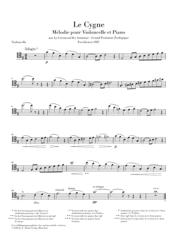 Saint-Saens, Camille -The Swan from "The Carnival of the Animals" - for Cello and Piano - edited by David Geringas - Henle