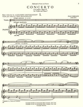 Sibelius, Jean - Violin Concerto in D Minor, Op 47 - Violin and Piano - edited by Francescatti-Gretchaninoff - International Music Company