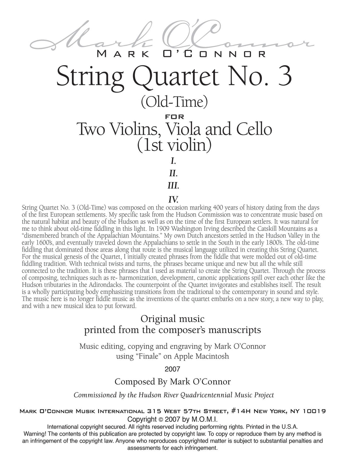 O'Connor, Mark - String Quartet No. 3 (Old-Time) for 2 Violins, Viola, and Cello - Violin 1 - Digital Download