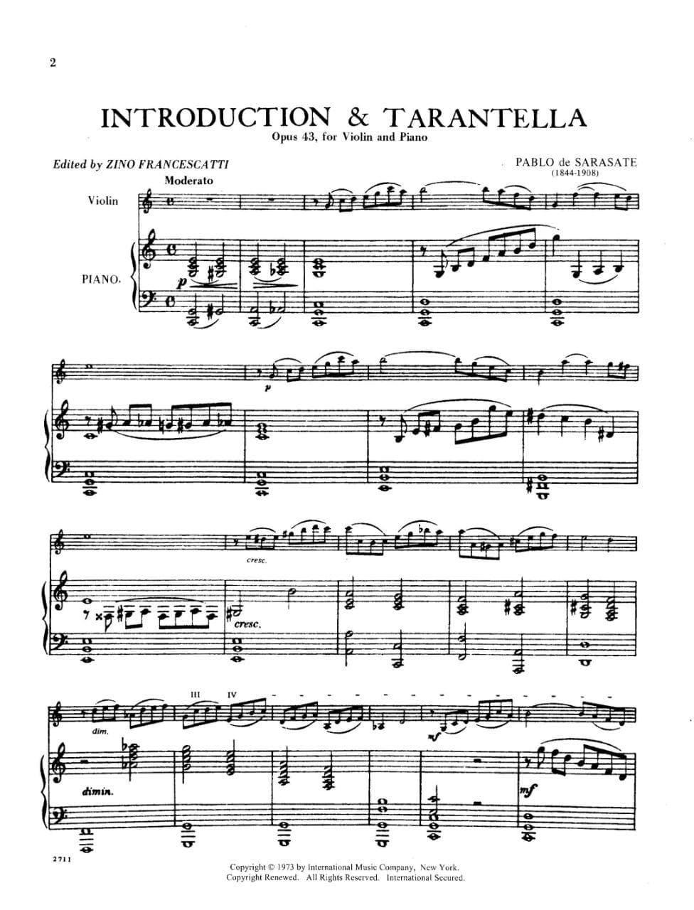 Sarasate, Pablo - Introduction and Tarantella Op 43 For Violin and Piano Published by International Music Company