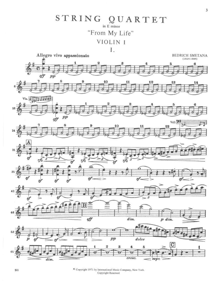 Smetana, Bed?ich - Quartet No 1 in e minor From My Life Published by International Music Company