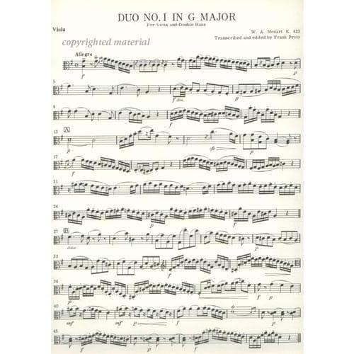 Mozart, WA - Duo No 1 in G Major, K 423 - Violin (or Viola) and Bass - edited by Frank Proto - Liben Music Edition