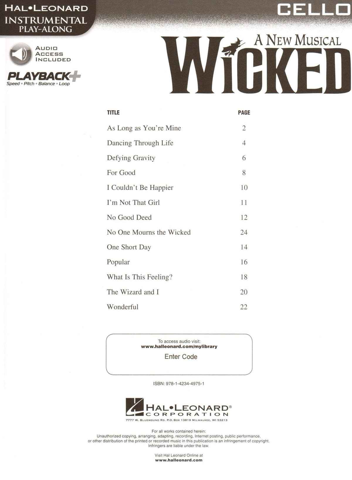 Wicked - 13 Songs from the Musical - for Cello with Audio Accompaniment - Hal Leonard Instrumental Play-Along