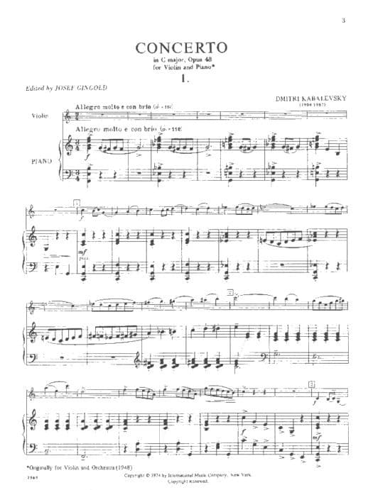Kabalevsky, Dmitri - Concerto in C Major, Op 48 - Violin and Piano - edited by Josef Gingold - International Music Co
