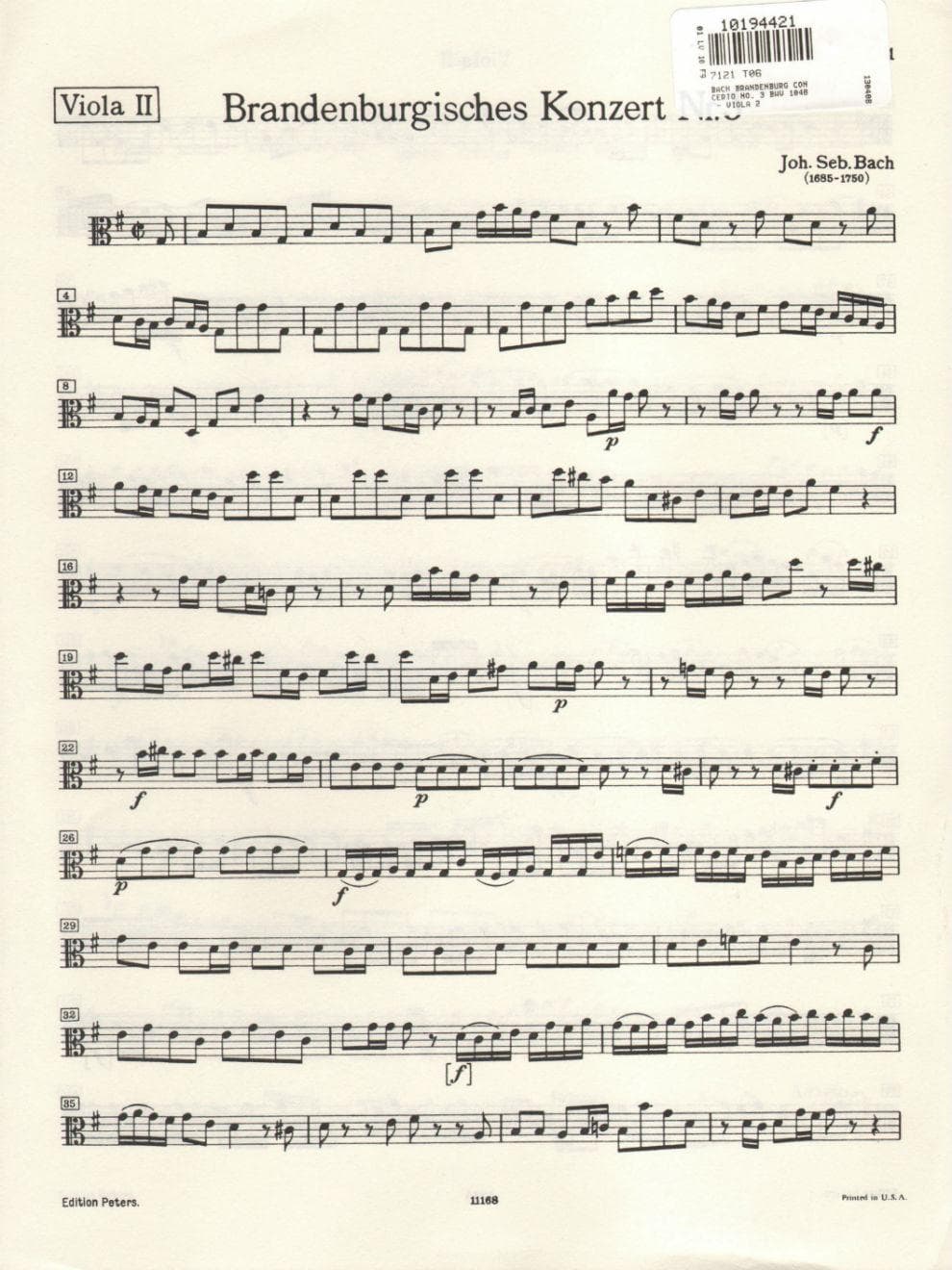 Bach, JS - Brandenburg Concerto No 3 BWV 1048 for 2nd Viola - Peters Edition