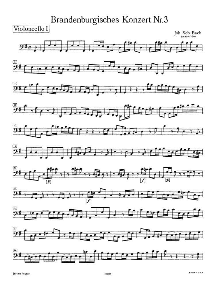 Bach, JS - Brandenburg Concerto No 3 BWV 1048 for 1st Cello - Peters Edition