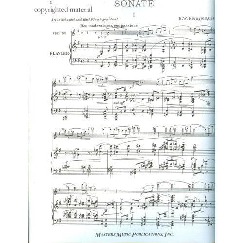Korngold, Erich Wolfgang - Sonata, Op 6 - Violin and Piano - Masters Music Publications