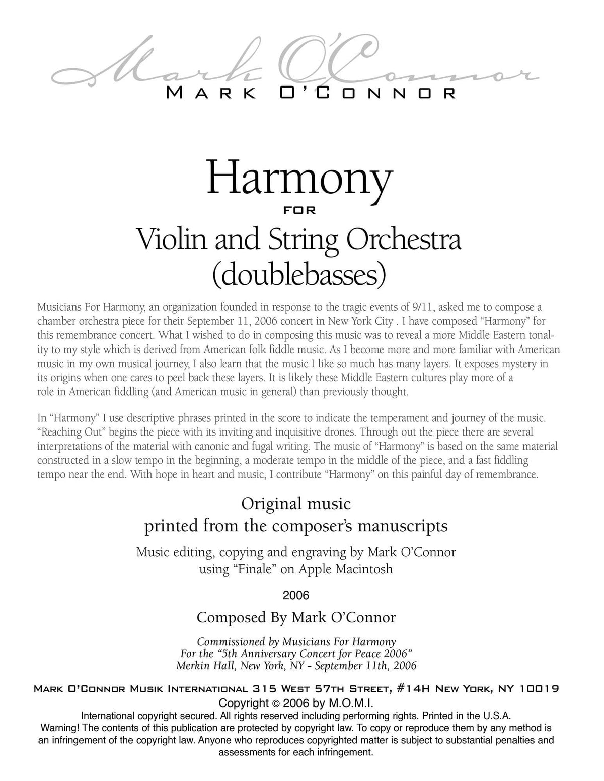 O'Connor, Mark - Harmony for Violin and Strings - Basses - Digital Download