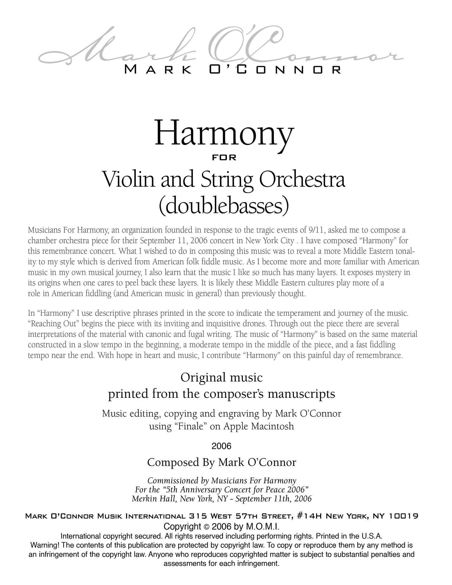 O'Connor, Mark - Harmony for Violin and Strings - Basses - Digital Download