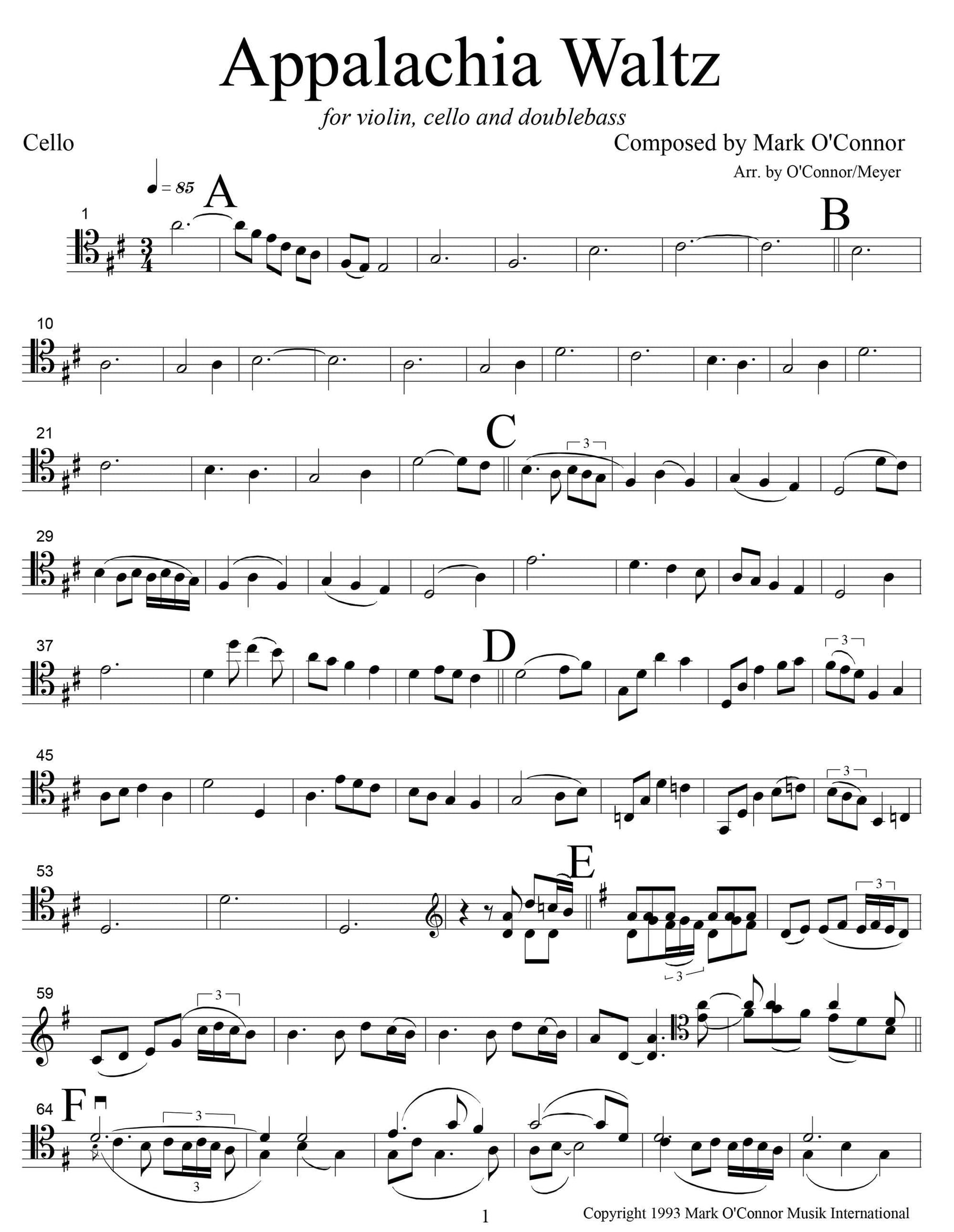 O'Connor, Mark - Appalachia Waltz for Violin, Cello, and Bass - Cello - Digital Download