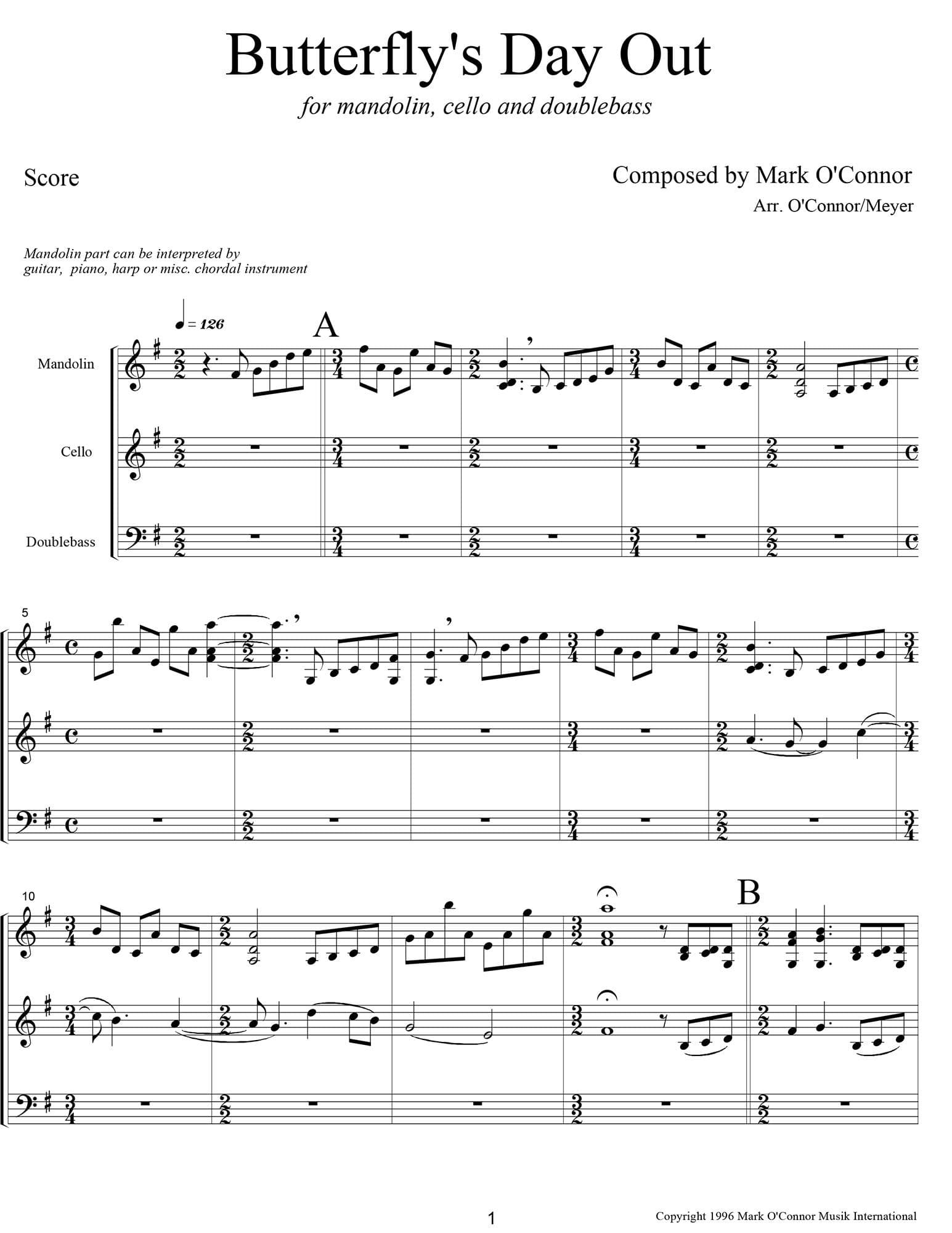 O'Connor, Mark - Butterfly's Day Out for Mandolin, Cello, and Bass - Score - Digital Download