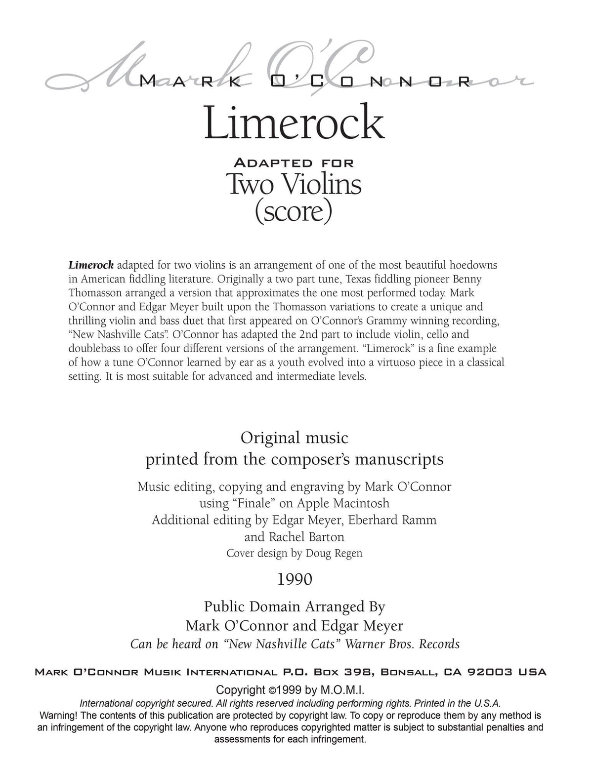 O'Connor, Mark - Limerock for 2 Violins - Score - Digital Download