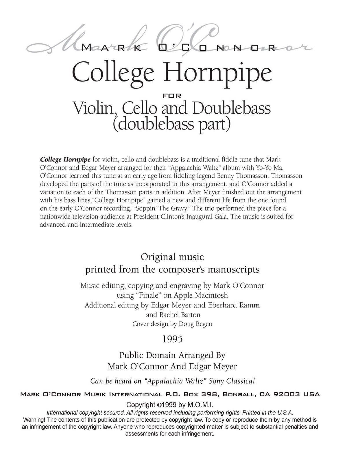O'Connor, Mark - College Hornpipe for Violin, Cello, and Bass - Bass - Digital Download