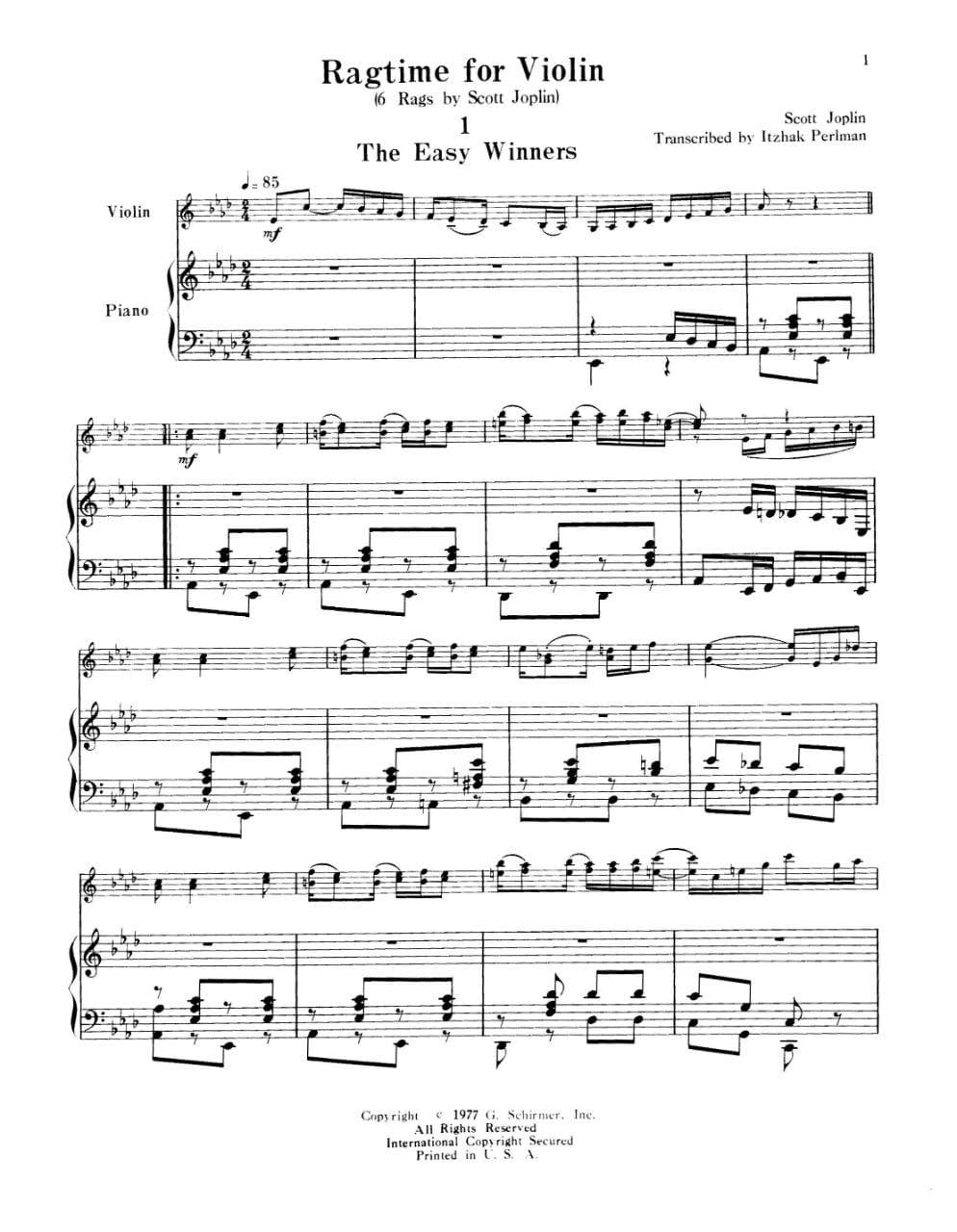 Joplin, Scott - Ragtime for Violin: 6 Scott Joplin Rags - Violin and Piano - arranged by Itzhak Perlman - Great Performer's Edition (Schirmer/Hal Leonard)