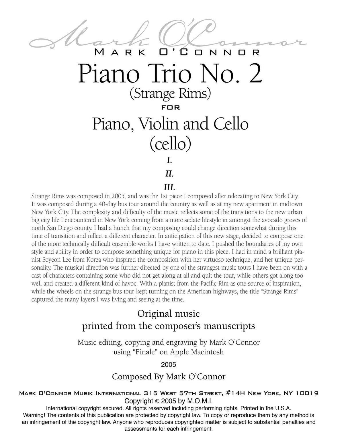 O'Connor, Mark - Piano Trio No. 2 (Strange Rims) for Piano, Violin, and Cello - Cello - Digital Download