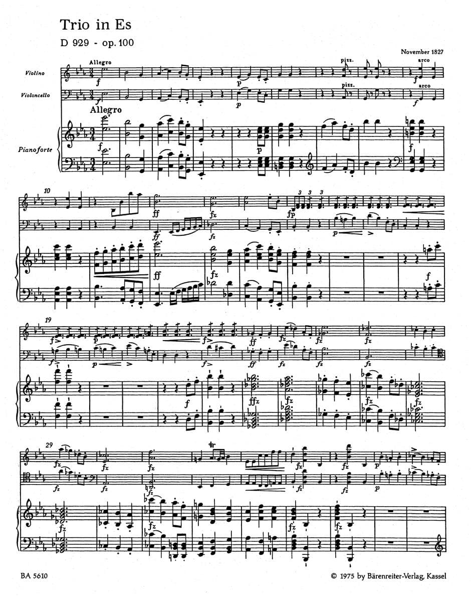 Schubert, Franz - Piano Trio No 2 in E-flat, Op 100, D 929 URTEXT Published by Barenreiter