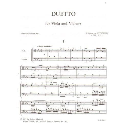 Dittersdorf, Carl Ditters von - Duetto in E-flat major, K 219 - Viola and Double Bass - Yorke Edition