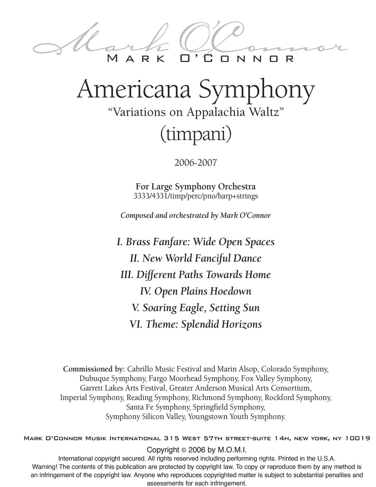 O'Connor, Mark - Americana Symphony "Variations on Appalachia Waltz" - Percussion Parts - Digital Download