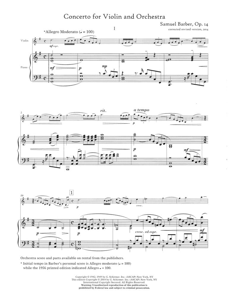 Barber, Samuel - Concerto Op 14 for Violin and Piano Revised - Schirmer Edition