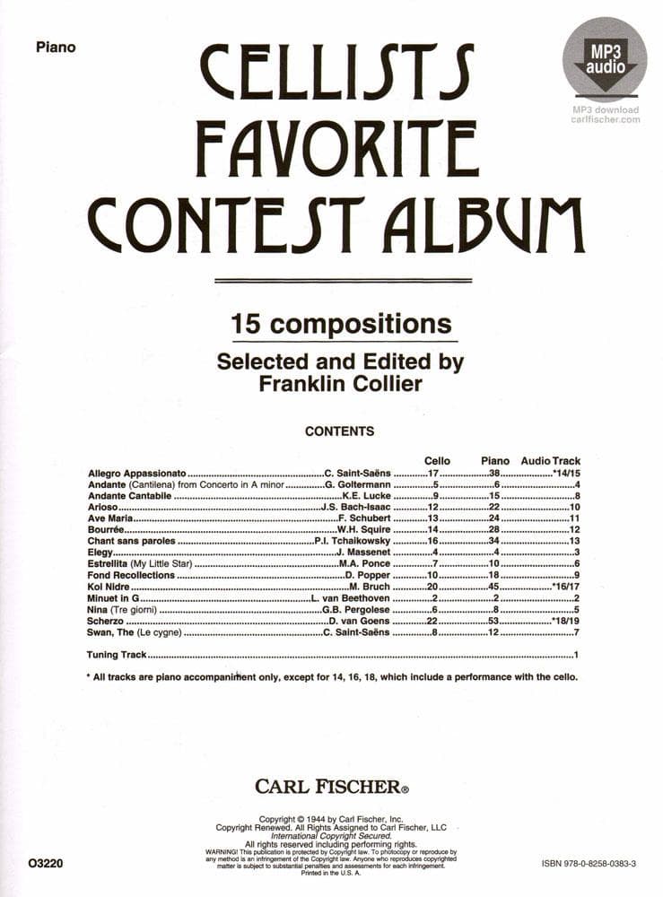 Cellist's Favorite Contest Album - Book and MP3 Audio - Edited by Collier - Fischer Edition