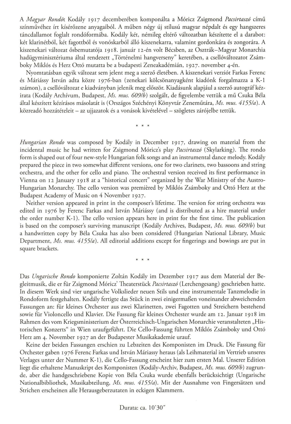 Kodaly, Zoltan - Hungarian (Magyar) Rondo - for Cello and Piano - edited by Elso Kiadas - Editio Musica Budapest