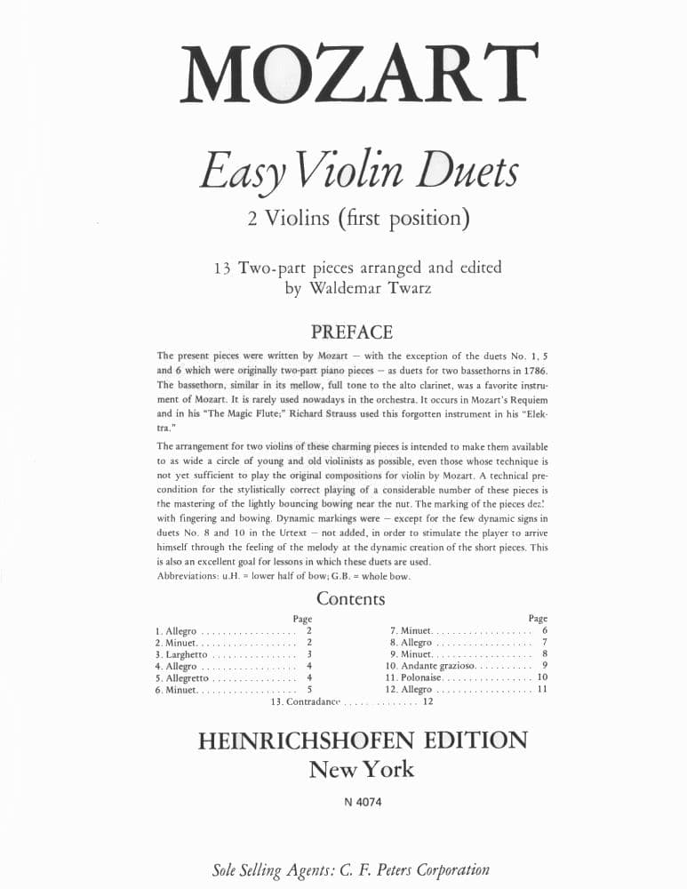 Mozart, WA - Easy Violin Duets - Two Violins - edited by Waldemar Twarz - Heinrichshofen Edition