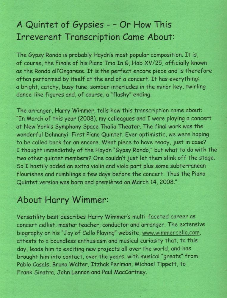 Haydn, Franz Joseph - Gypsy Rondo (from Piano Trio in G, Hob XV:25) - transcribed for Piano Quintet - edited by Harry Wimmer - Arioso Press