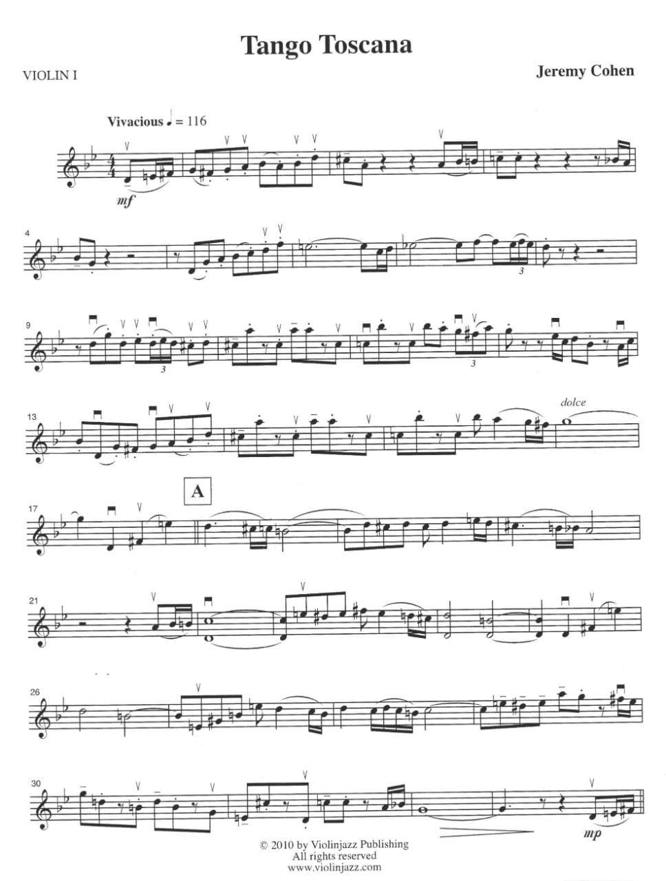 Cohen, Jeremy - Tango Toscana for String Quartet Violinjazz Editions