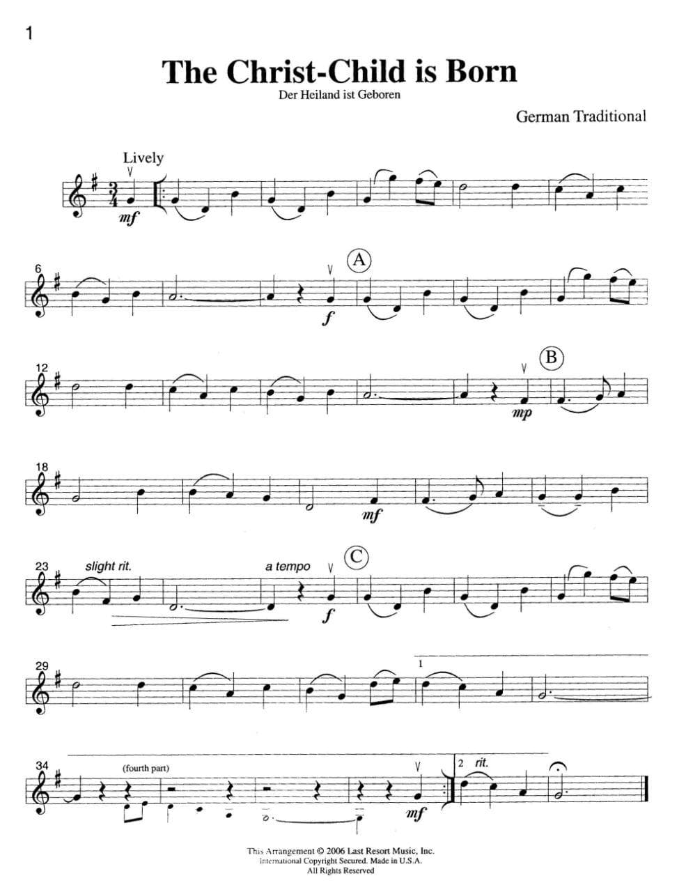 Intermediate Music for Four: Christmas - Part 1 (Violin/Oboe/Flute) - arranged by Daniel Kelley - Last Resort Music