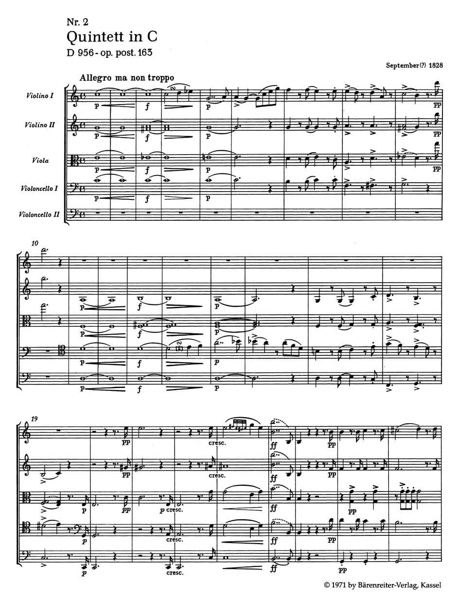 Schubert, Franz - String Quintet in C Major, Op. 163, D 956 - SCORE ONLY - Barenreiter URTEXT