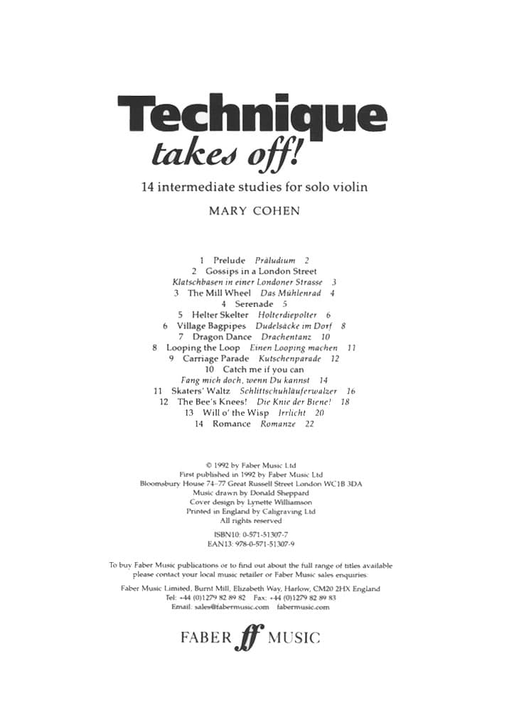 Cohen, Mary - Technique Takes Off! Intermediate Studies for Solo Violin - Faber Music Publication