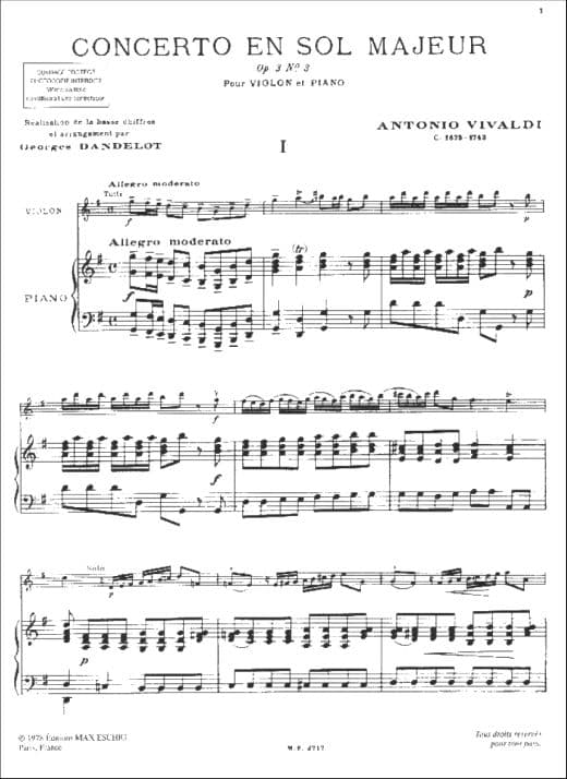 Vivaldi, Antonio - Violin Concerto in G Major, Op 3 No 3, RV 310 - Violin and Piano - edited by Dandelot and Isnard - Eschig